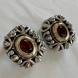 Silver Tone Amber Color Rhinestone Estate Chunky Clip on Earrings